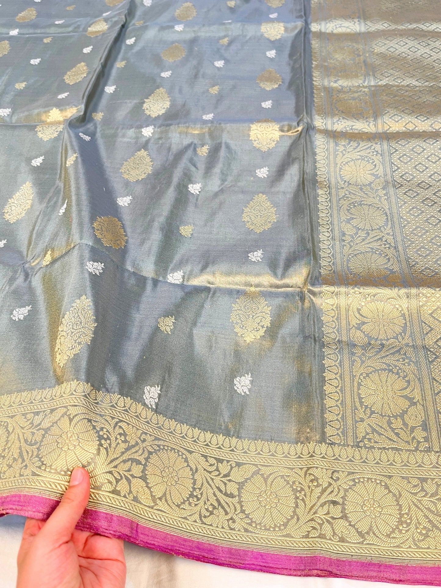 Grey Kora Tissue Silk Banarasi Saree with Gold Silver Zari and Mughal Floral Border – Handwoven in Banaras by Mantavya