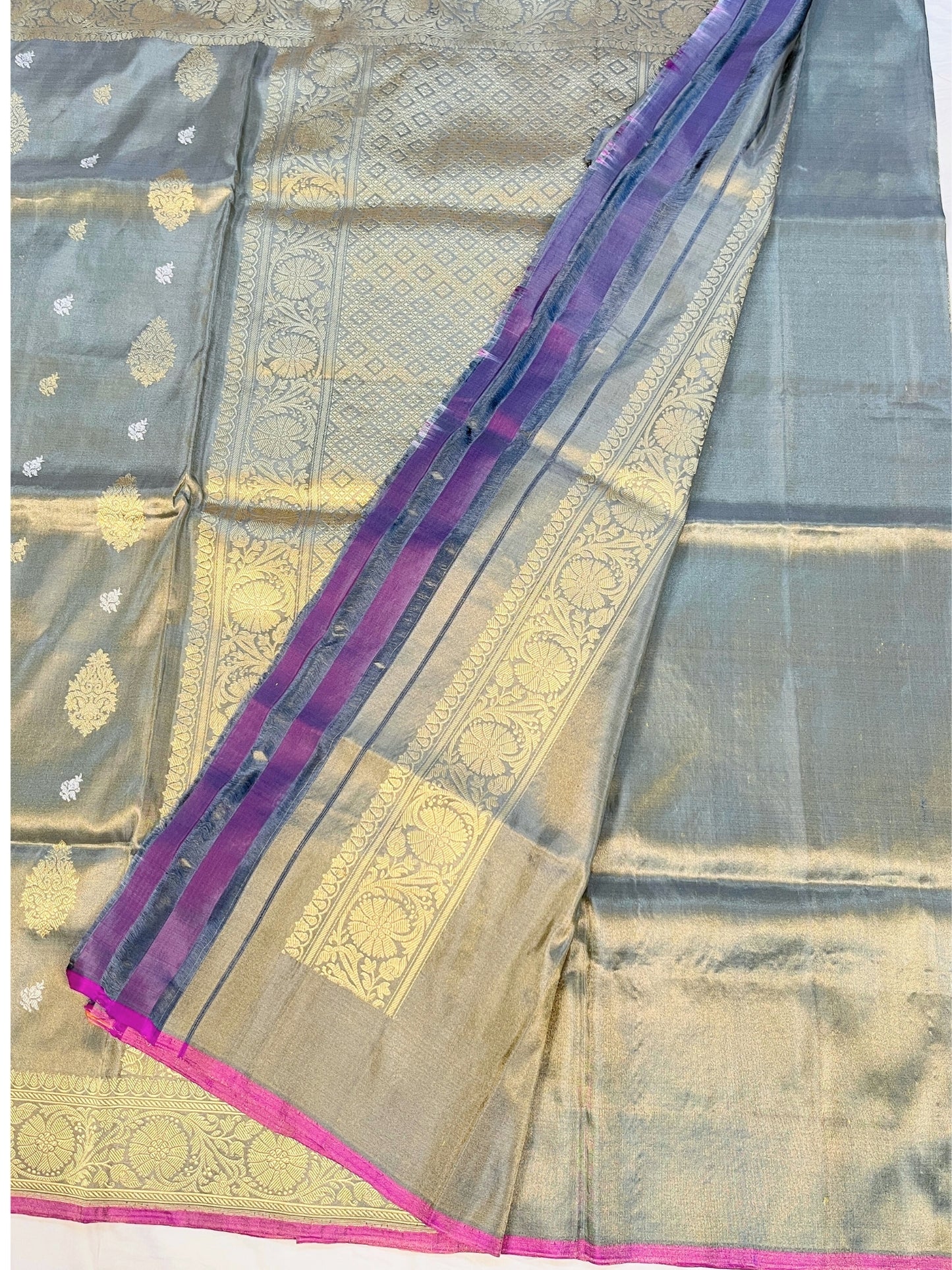 Grey Kora Tissue Silk Banarasi Saree with Gold Silver Zari and Mughal Floral Border – Handwoven in Banaras by Mantavya