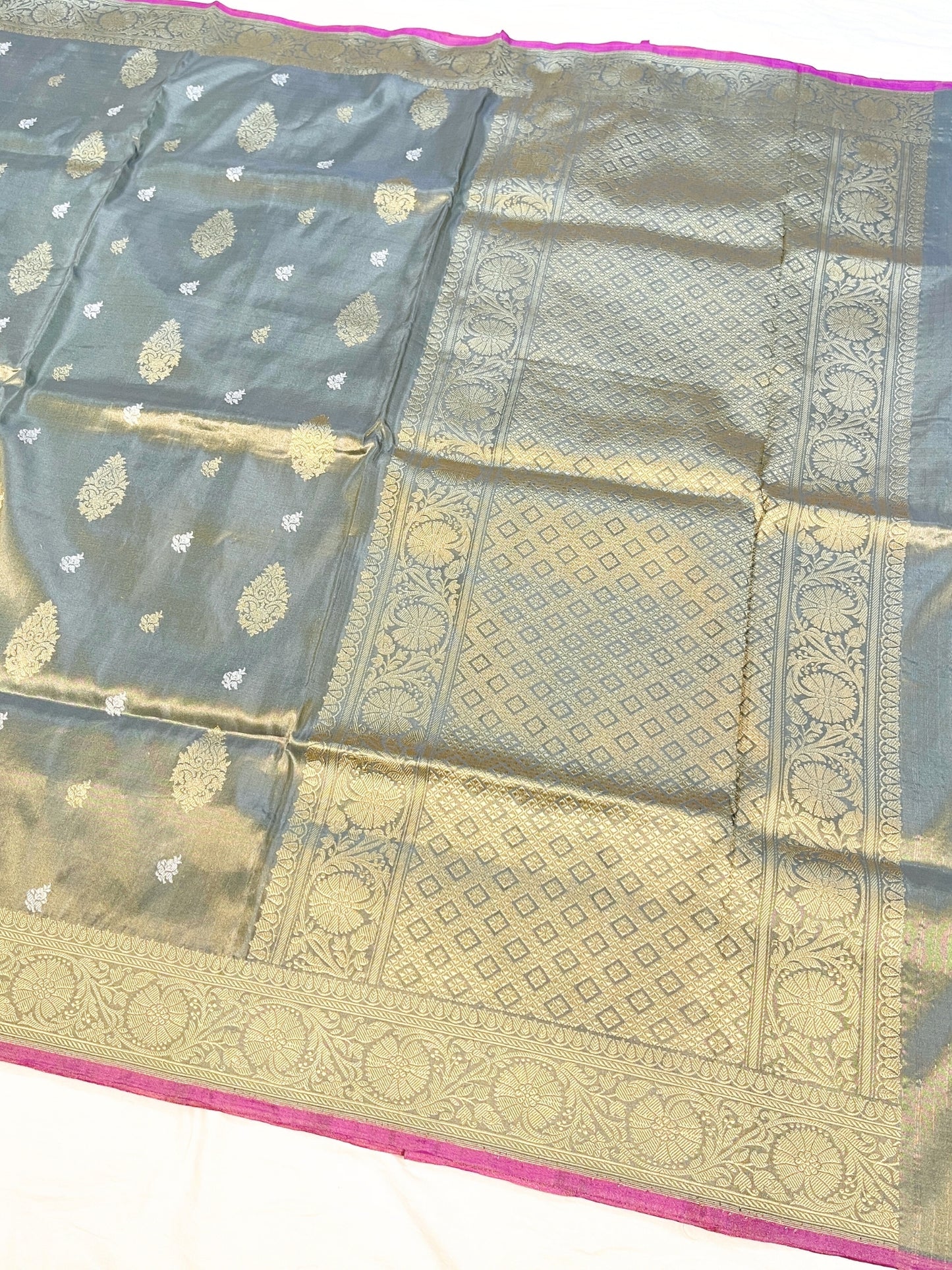 Grey Kora Tissue Silk Banarasi Saree with Gold Silver Zari and Mughal Floral Border – Handwoven in Banaras by Mantavya