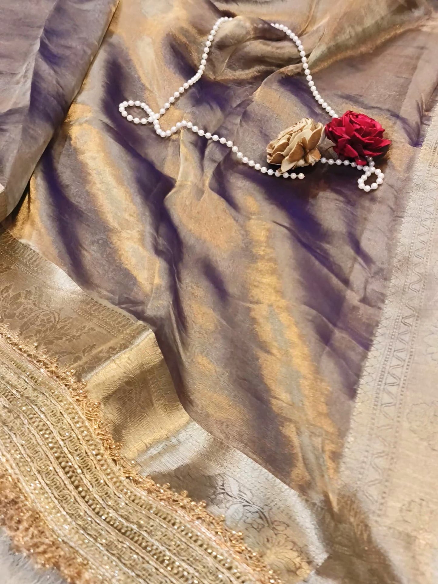 Lavender Pure Banarasi Tissue Silk Saree by Mantavya with fine golden zari work
