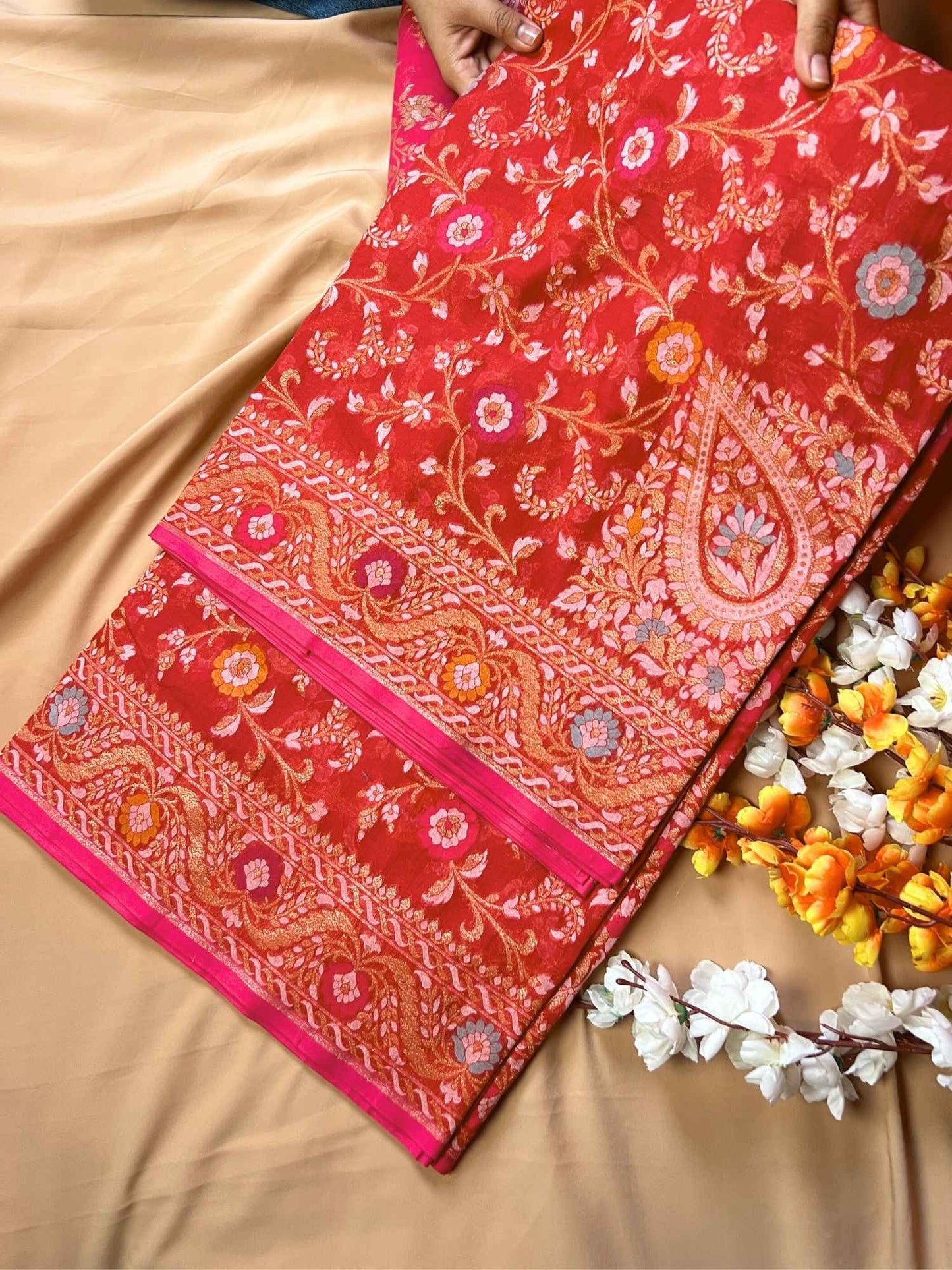 Red Cotton Jamdani Saree with floral and paisley front view