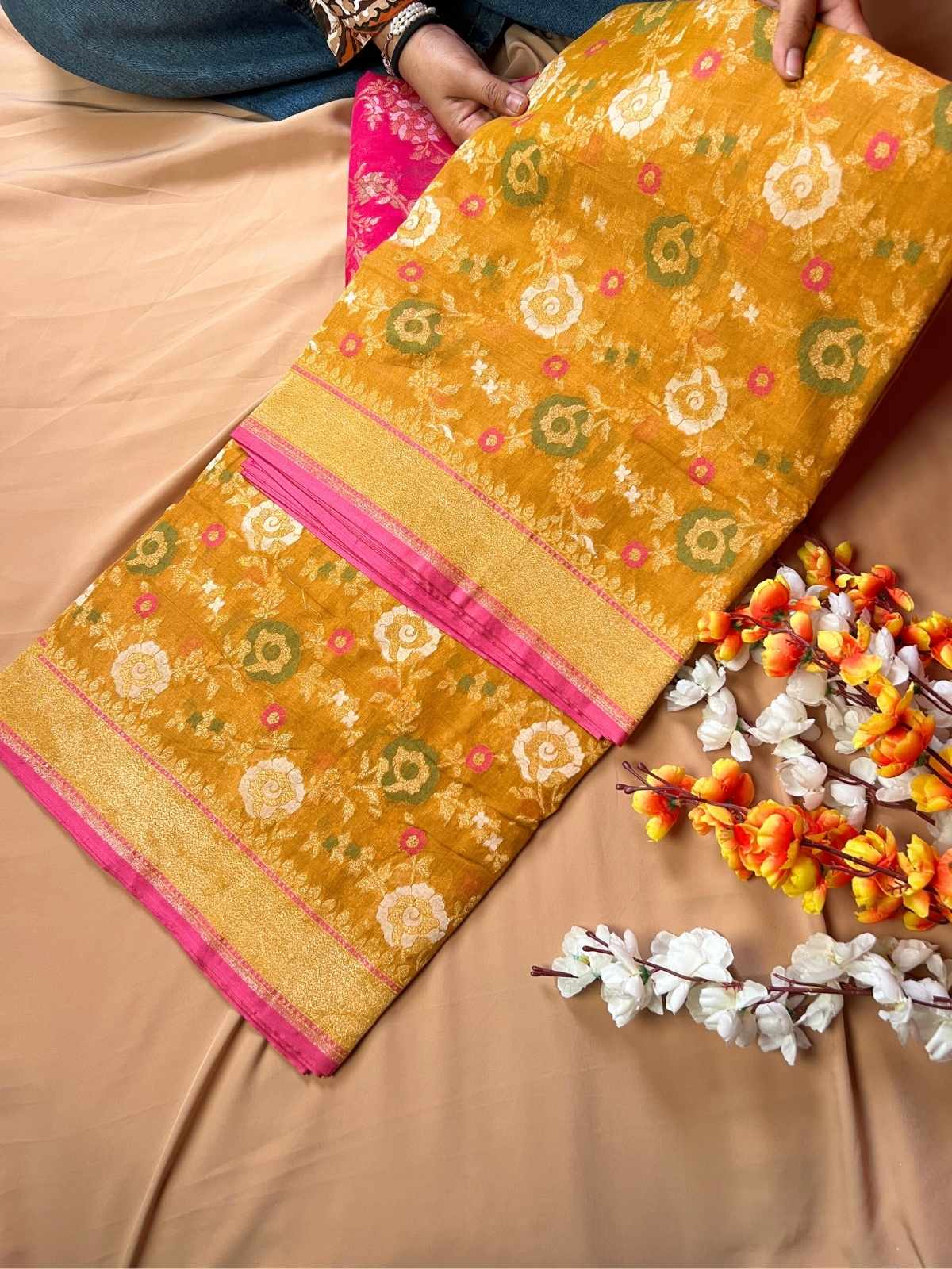 Mustard Yellow Cotton Jamdani Saree with floral front view