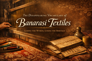 Traditional Banarasi handloom weaving with historic textile manuscripts symbolizing the disappearing vocabulary of Banarasi textiles