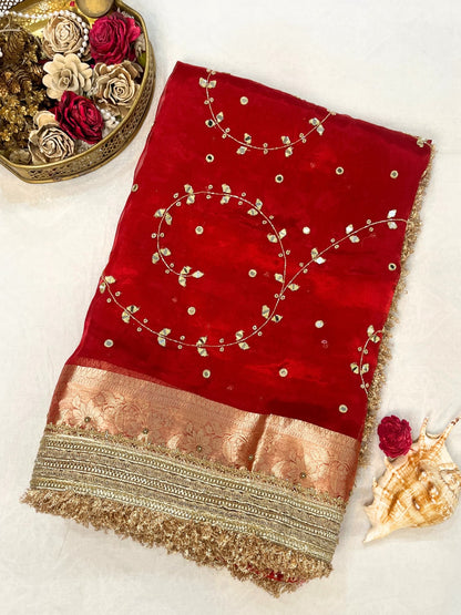 Hand Embroidered Red Tissue Silk Saree with Mirror Jaal and Buti Work