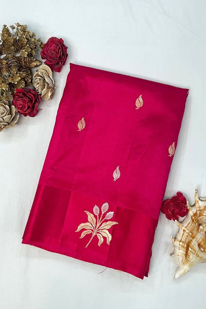 Hot Pink Raw Mango Silk Saree with floral brocade aachal, satin border, and Sona Rupa buti – handcrafted Banarasi silk saree