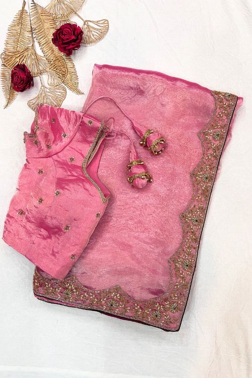 Hand Embroidered Pink Pure Tissue Silk Saree