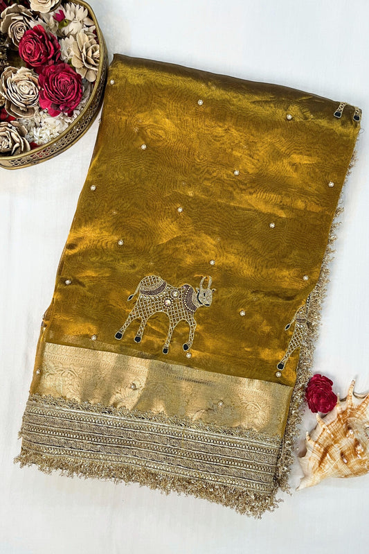 Hand Embroidered Mehndi Green Banarasi Tissue Silk Saree with Nandi buta and intricate detailing, perfect for weddings and festive occasions.