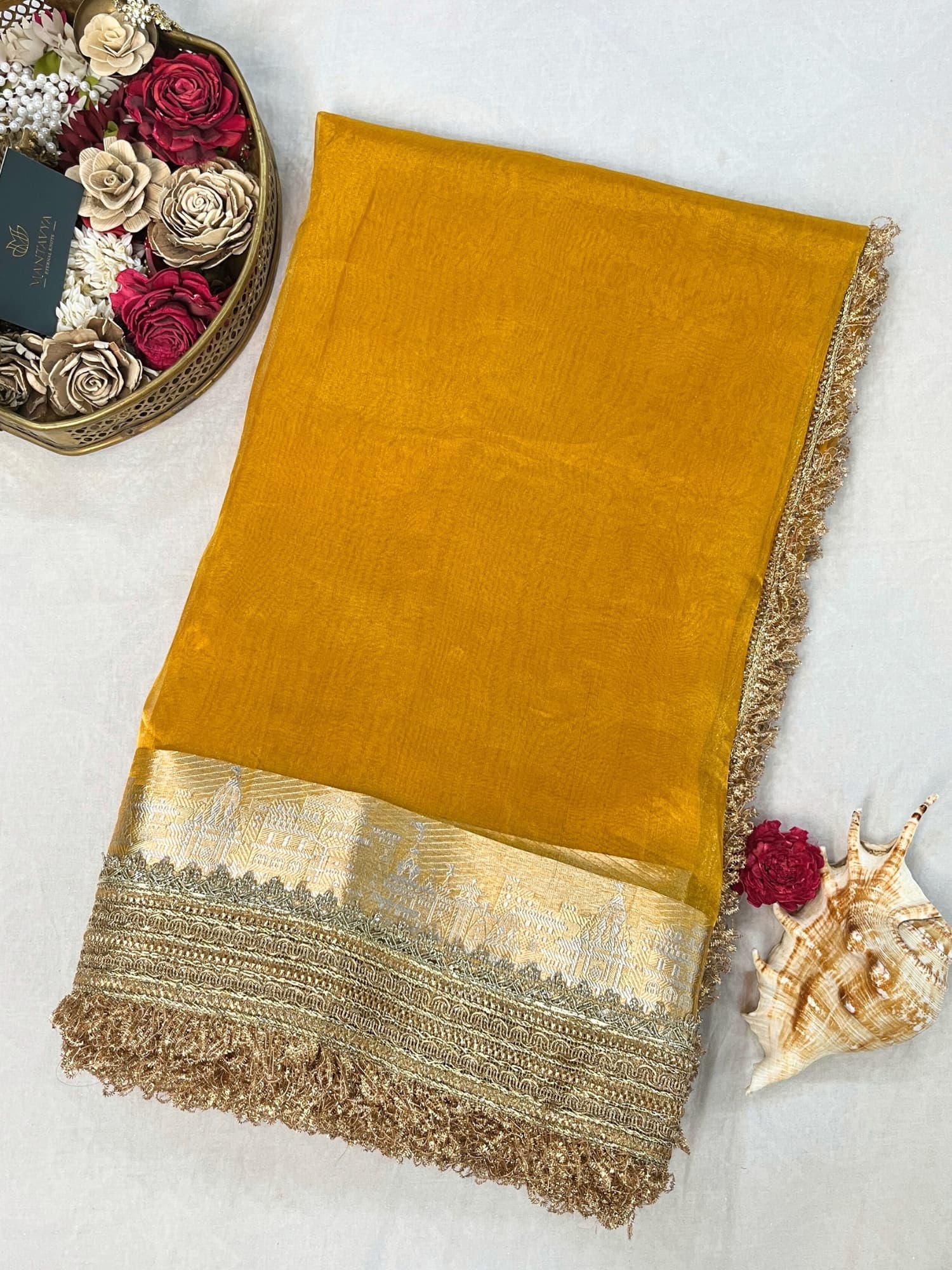 Mantavya Mustard Yellow Banarasi Tissue Silk Saree with golden zari work
