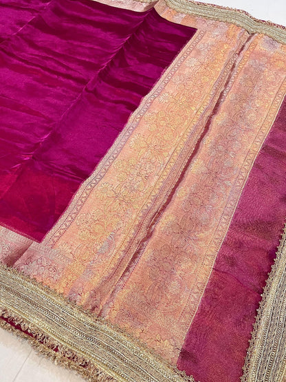 Wine Pure Banarasi Tissue Silk Saree with mirror jaal embroidery, scattered butis, and unstitched brocade blouse – handwoven in Banaras.