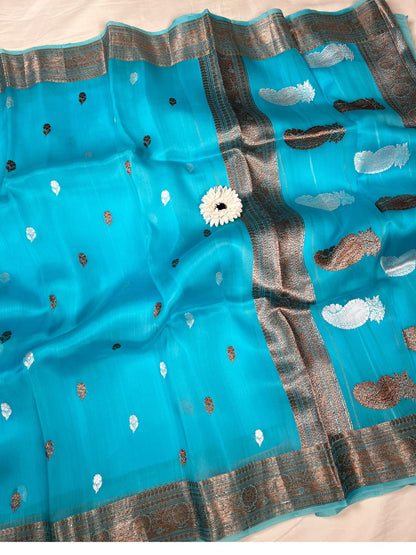 Turquoise Blue Kora Silk Saree Full View