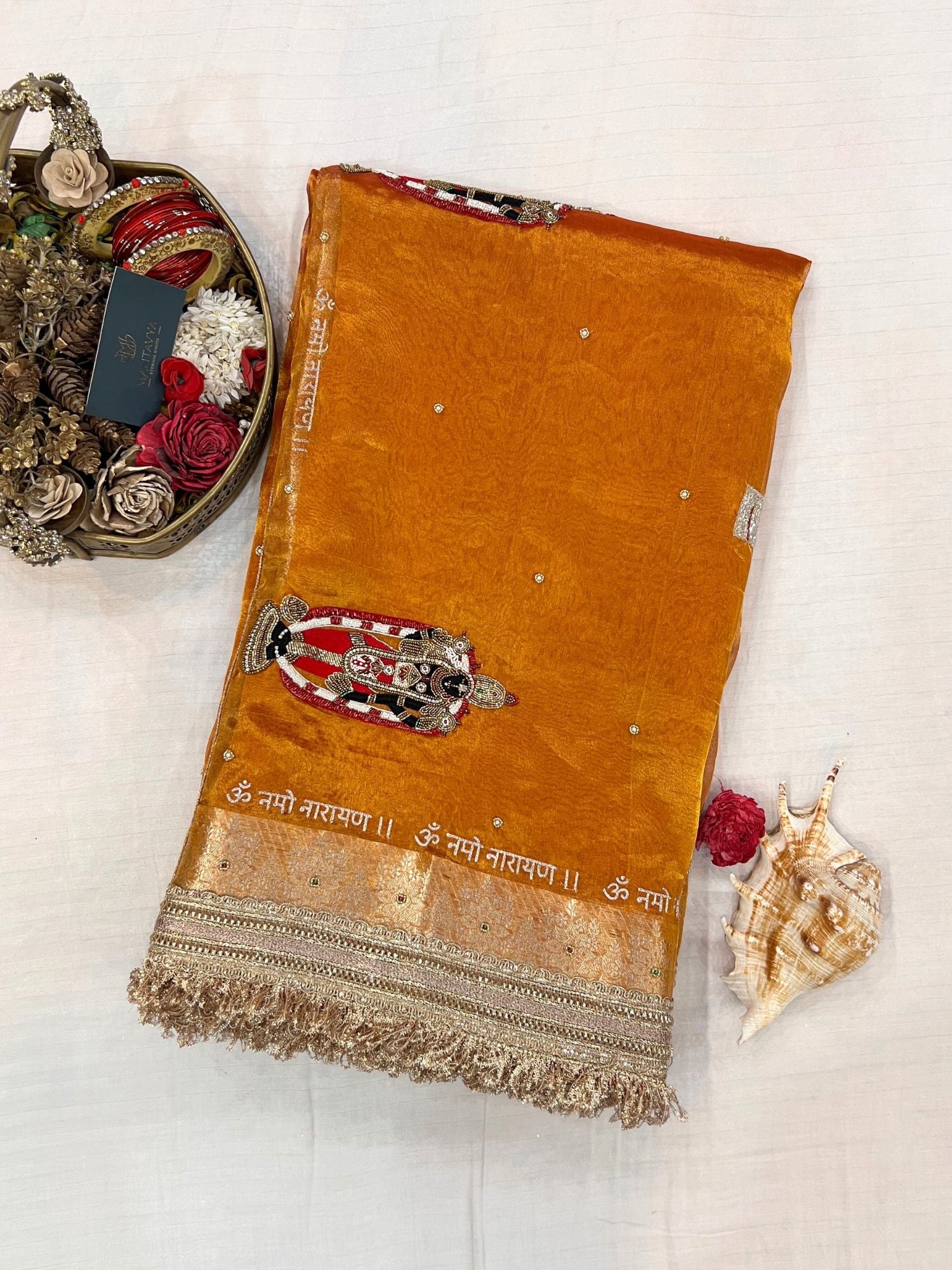 100% Pure Banarasi Tissue Silk Saree with Shri Bala Ji Tirupati Balaji Venkateshwar embroidery in golden-orange shade, traditional Banarasi Tissue Silk saree for festive and wedding wear