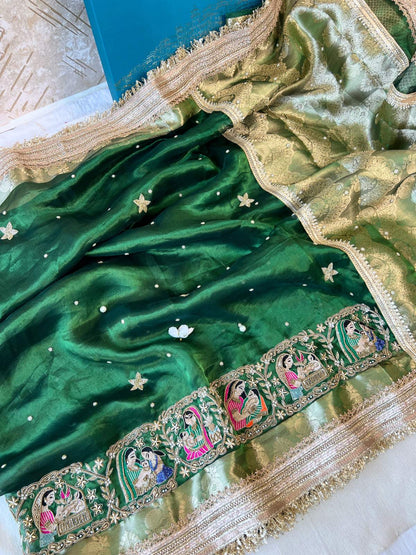 Bottle Green Banarasi Tissue Silk Saree Godh Bharai with Hand Embroidered Baby Shower Full view