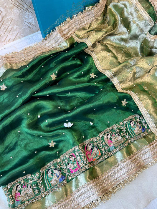 Bottle Green Banarasi Tissue Silk Saree Godh Bharai with Hand Embroidered Baby Shower Full view