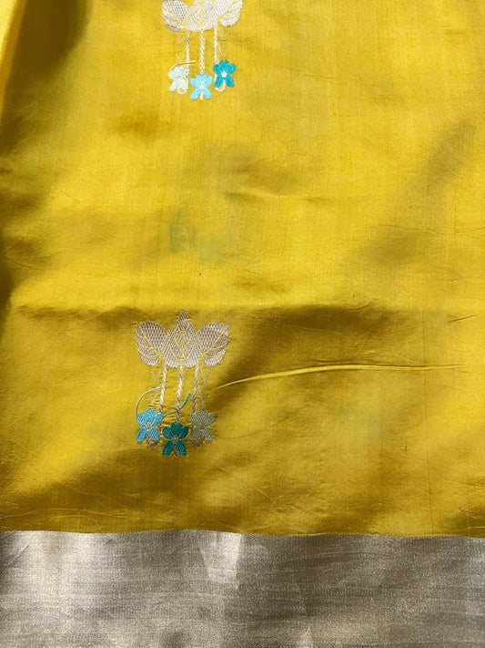 Yellow Katan Silk Saree with floral closeup view