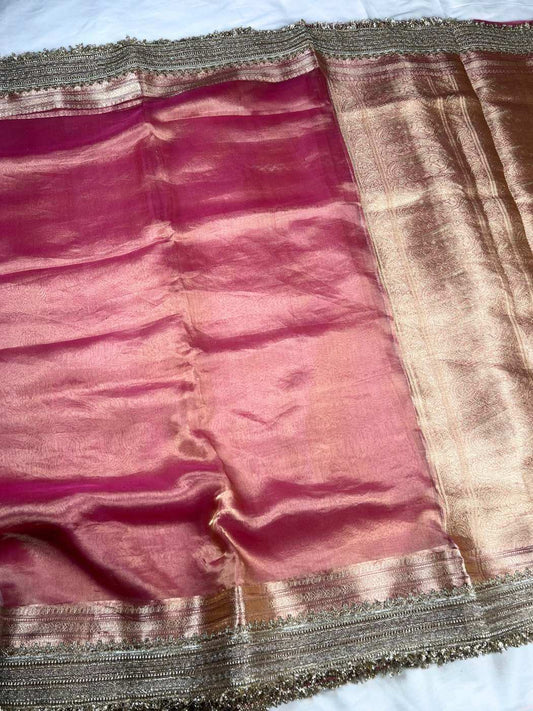 Maharani Rose Pink Pure Banarasi Tissue Silk Saree with Gota Patti Border and floral accessories.