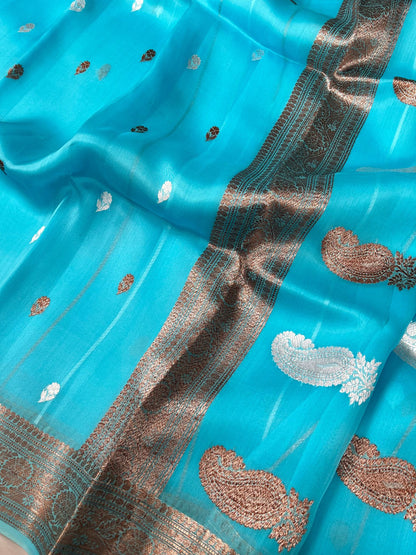 Turquoise Blue Kora Silk Saree Closeup view