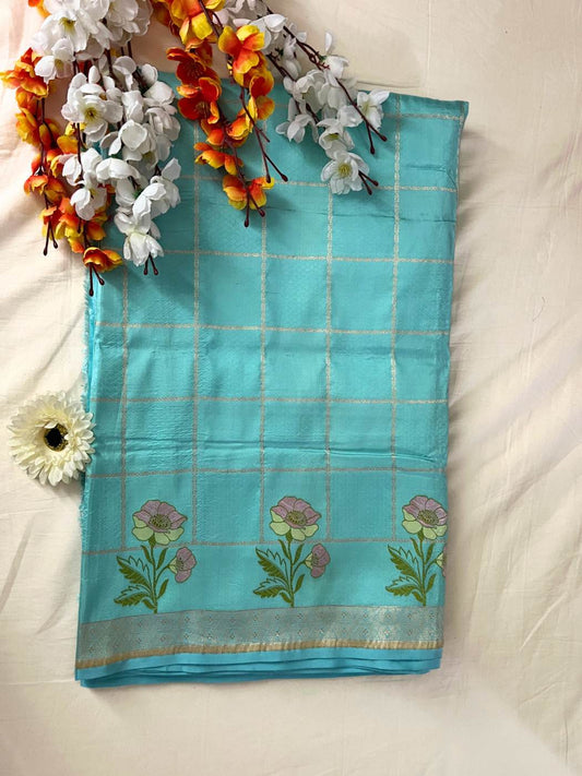 Blue Katan Silk Saree with floral front view