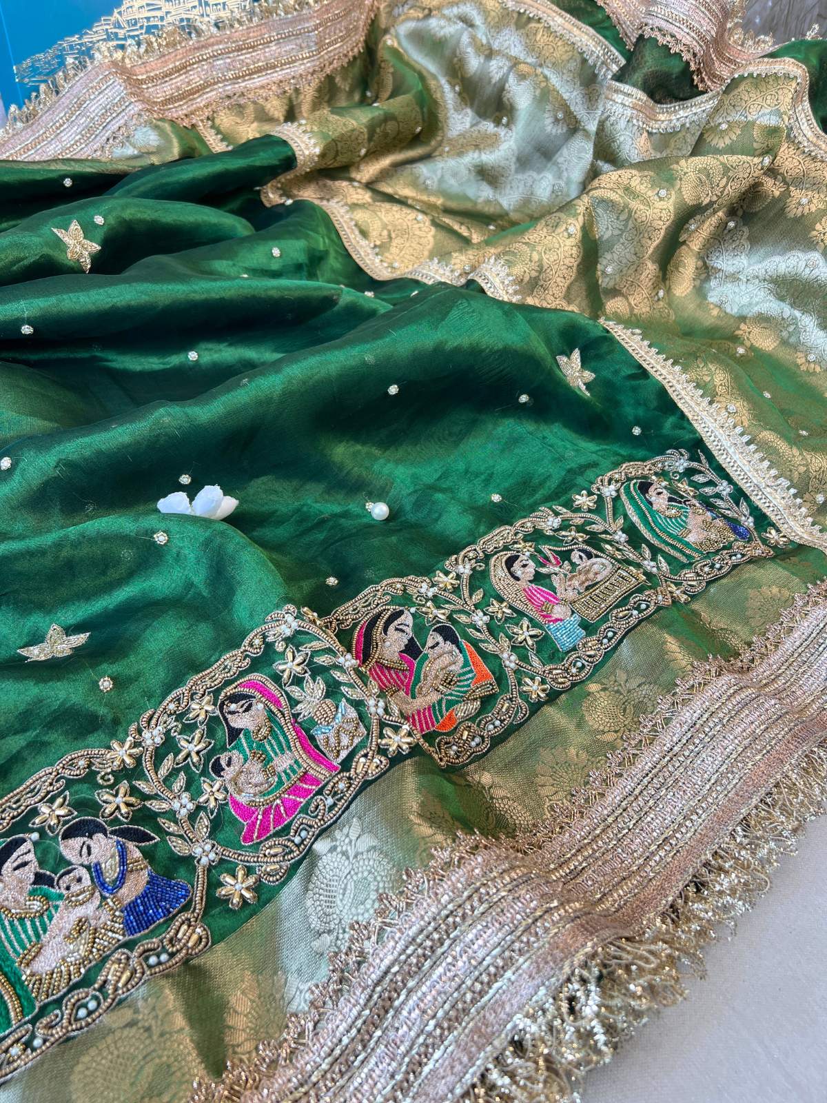 Bottle Green Banarasi Tissue Silk Saree Godh Bharai with Hand Embroidered Baby Shower closeup view02