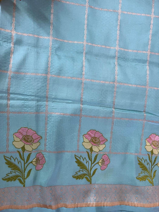 Blue Katan Silk Saree with floral closeup view