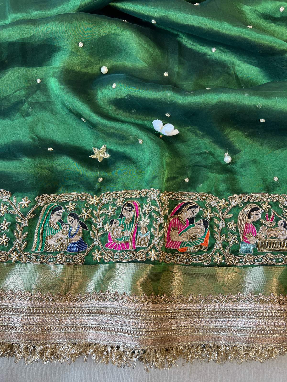 Bottle Green Banarasi Tissue Silk Saree Godh Bharai with Hand Embroidered Baby Shower closeup view01