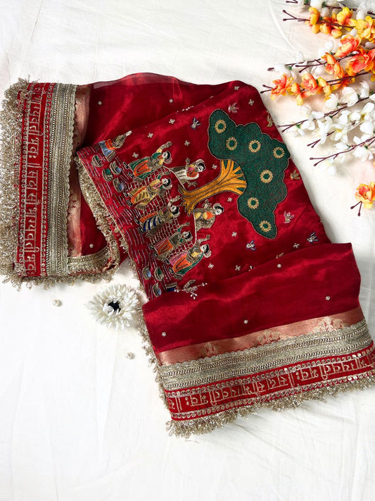 Royal Red tissue silk saree with zari border and traditional front view