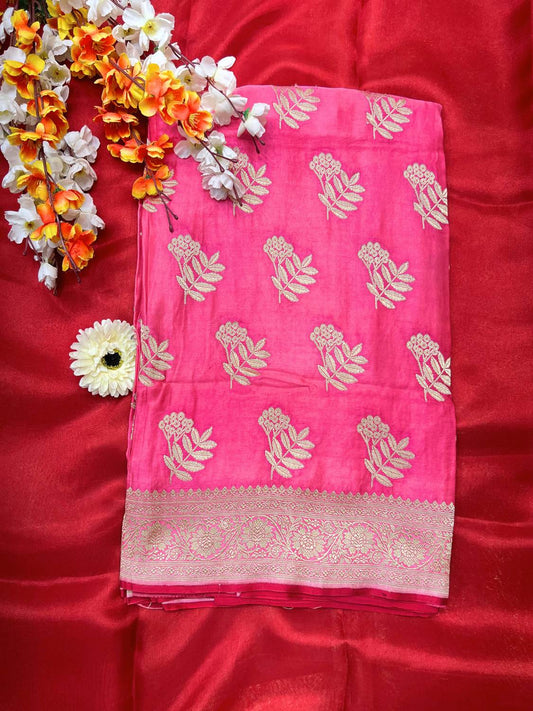  Pink Mashru Silk Saree with floral zari front view