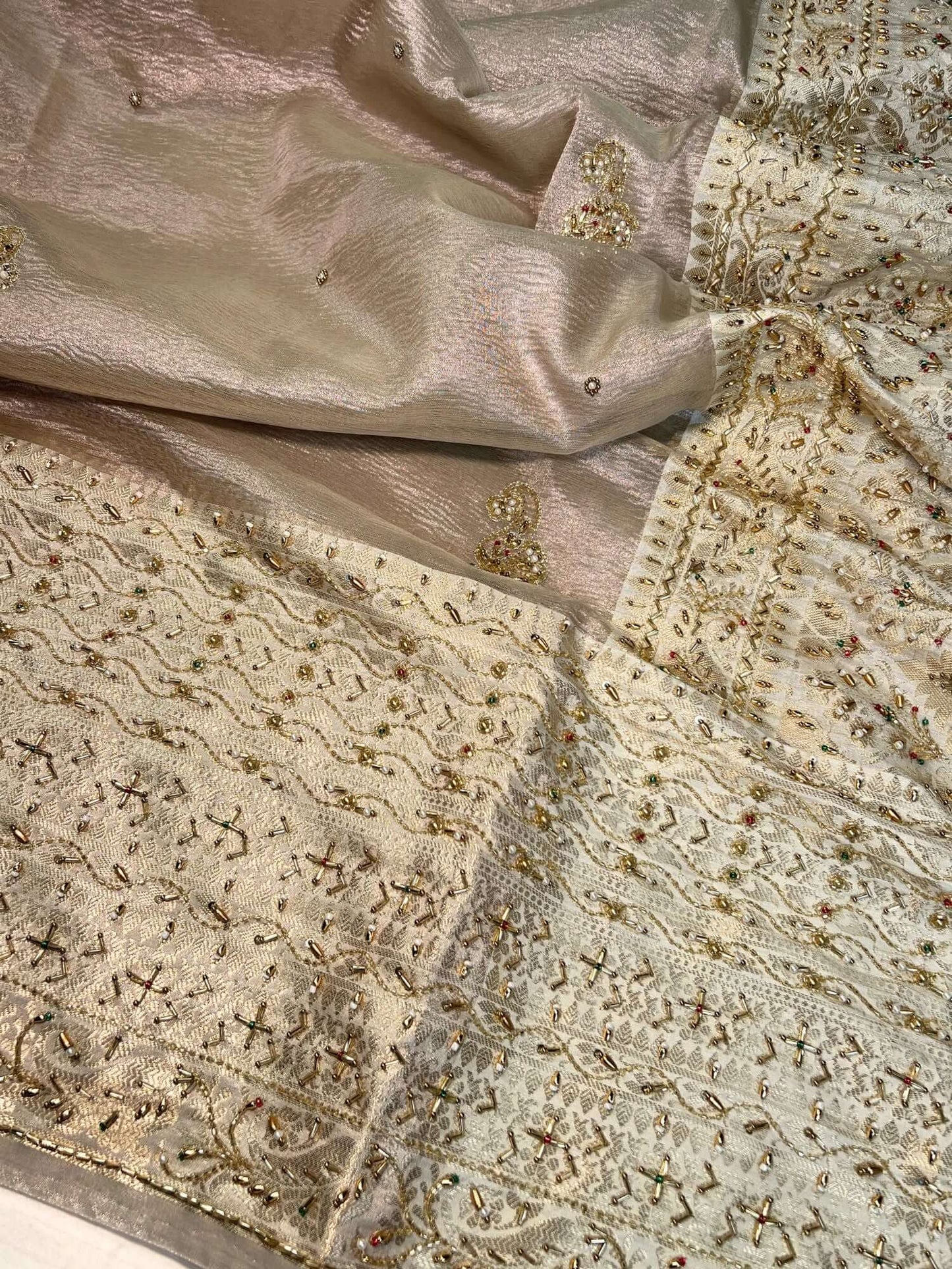 Champagne Gold Tissue Silk Saree Panna Maharani Noor With hand Embroidery closeup view01