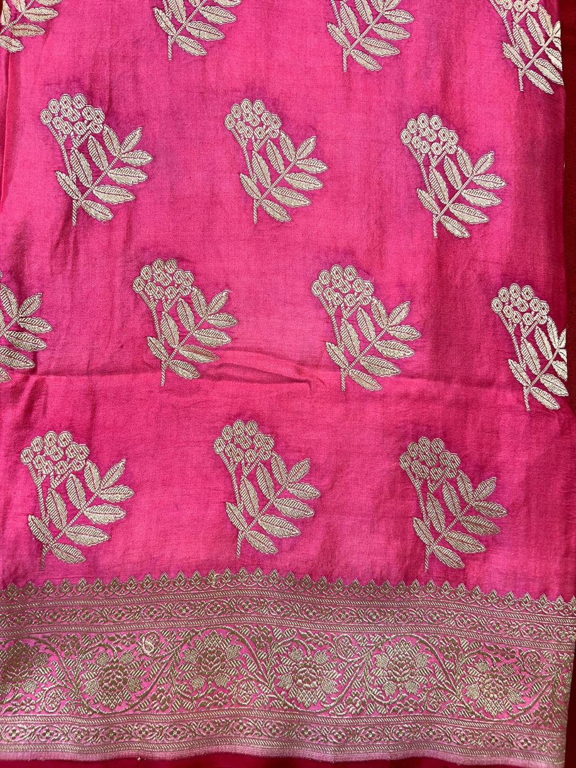 Pink Mashru Silk Saree with floral zari Closeup View
