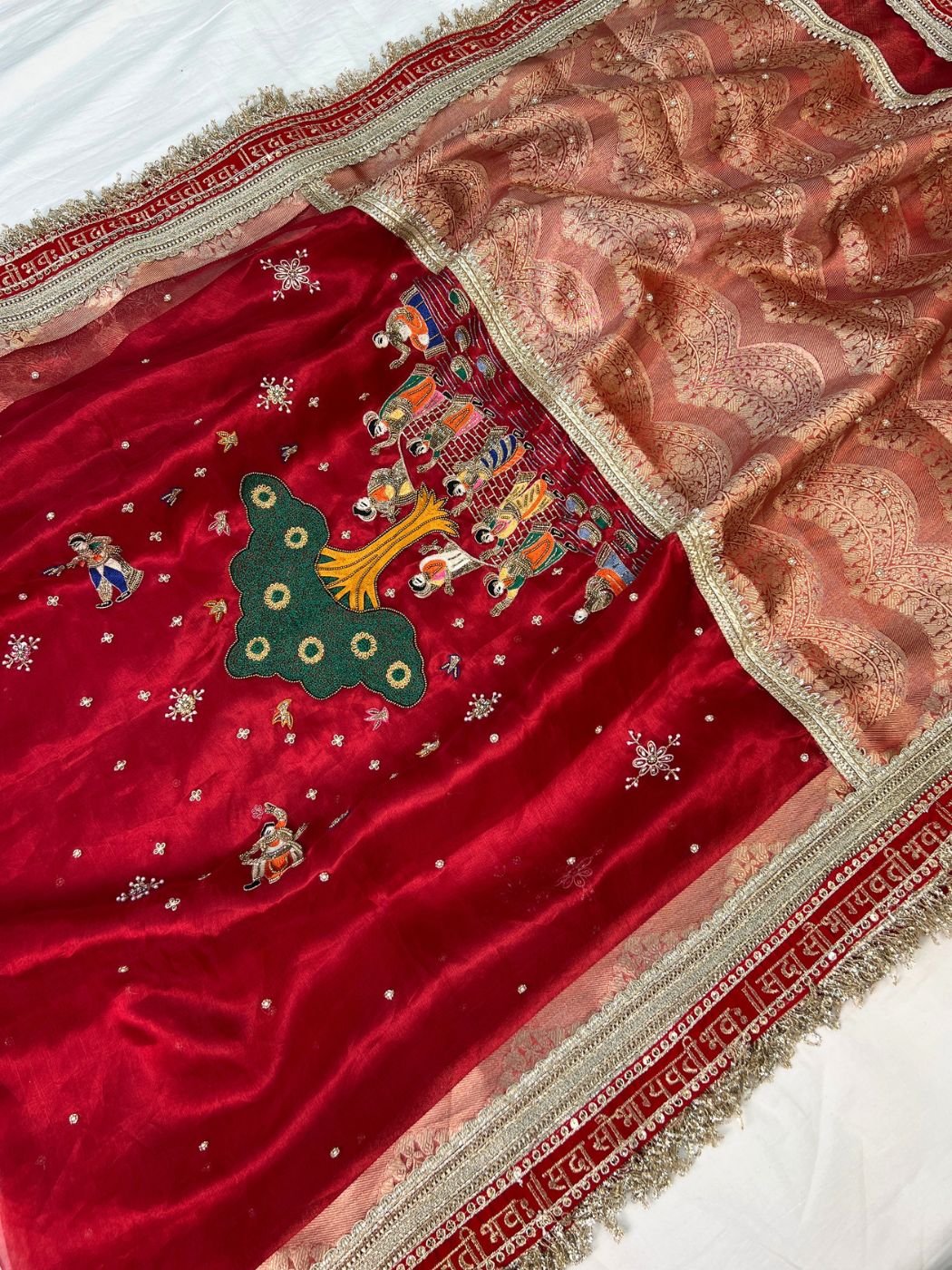 Royal Red tissue silk saree with zari border and traditional full view