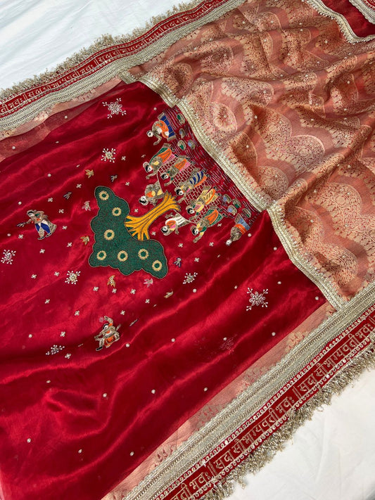 Royal Red tissue silk saree with zari border and traditional full view