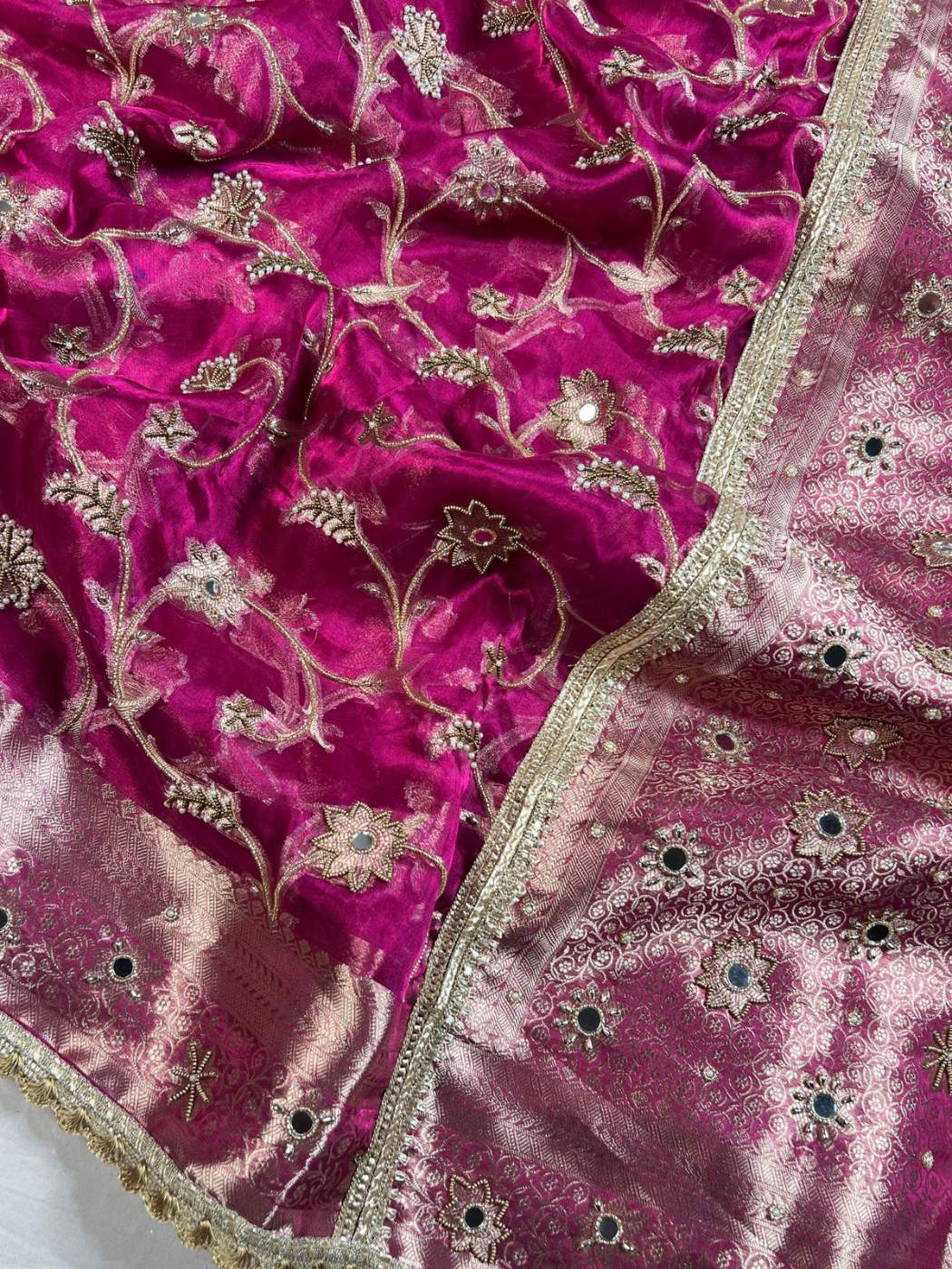  Magenta Pink Tissue Silk Phool Jaal Closeup view