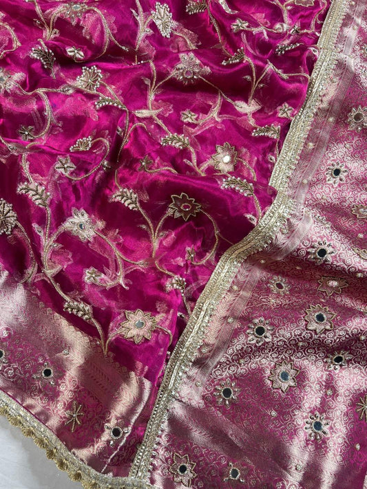 Magenta Pink Tissue Silk Phool Jaal Closeup view