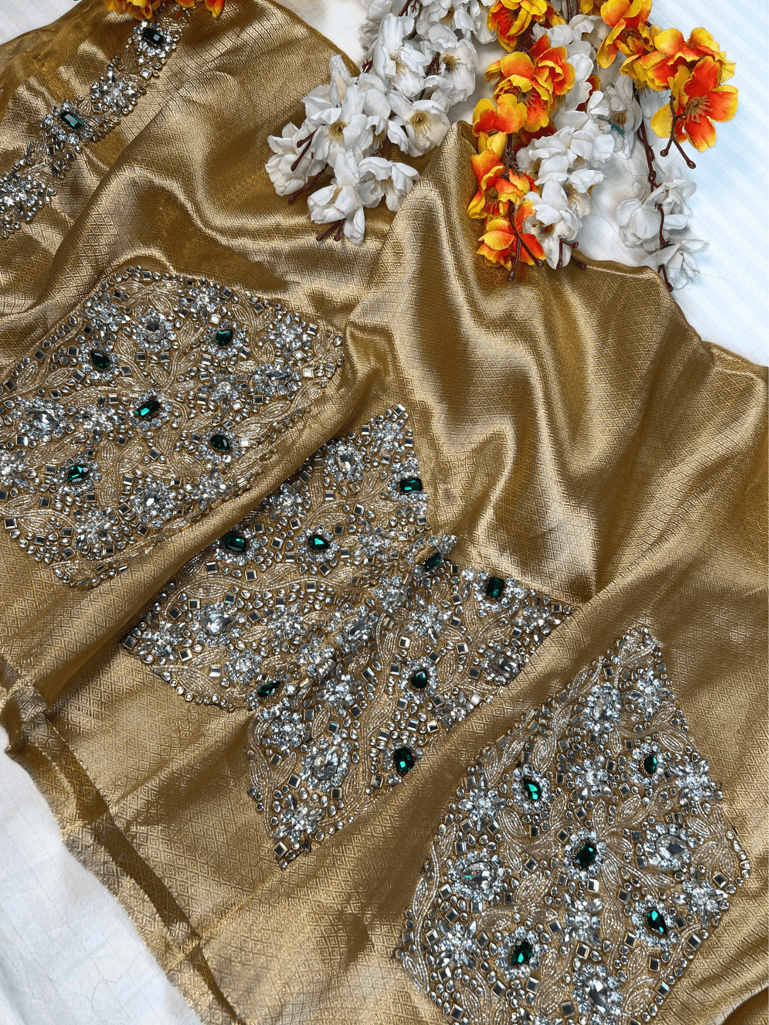 Golden Brocade Blouse Panna Maharani Jadau With Hand Embroidery full view