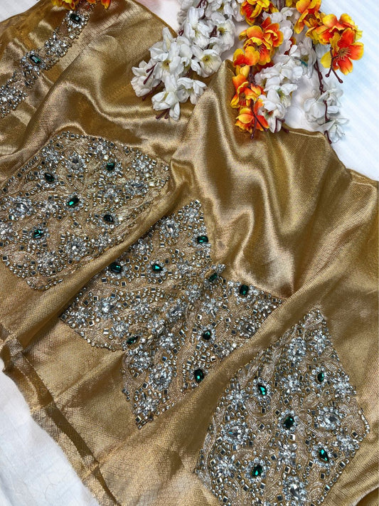 Golden Pure Banarasi Unstitched Brocade Tissue Silk  Blouse Panna Maharani Jadau Full View 
