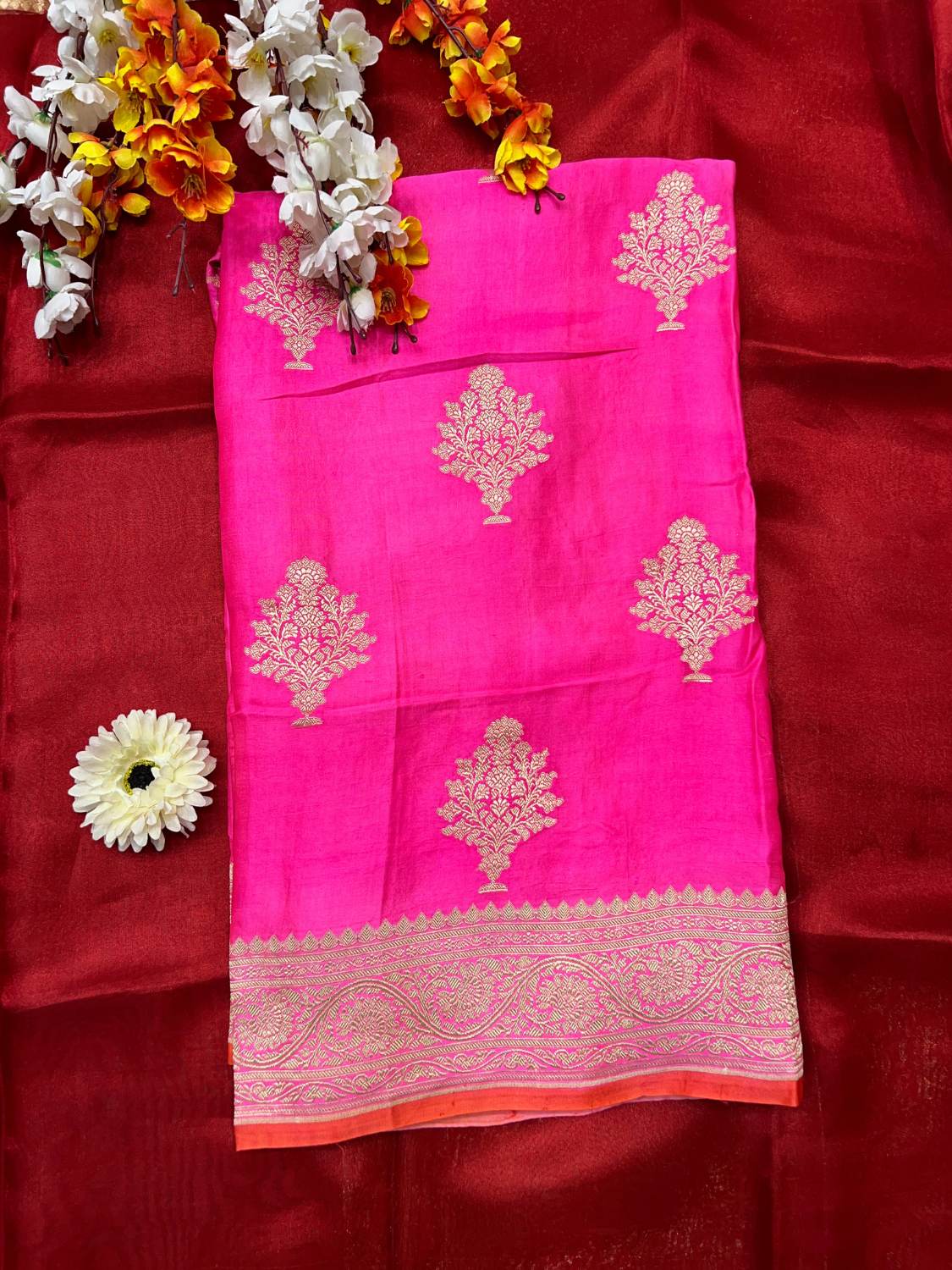Pink Tissue Silk Saree Mashru With Floral Zari Front View