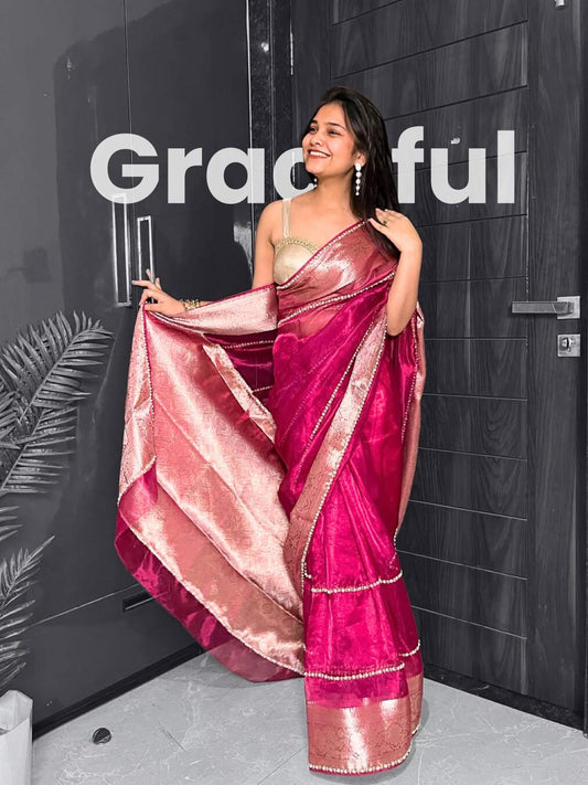 Hand Embroidered Hot Pink Tissue Silk Saree with Pearl Stripe and Buti Motifs, Paired with Brocade Blouse Featuring Neck and Sleeve Embroidery – Elegant Traditional Wear