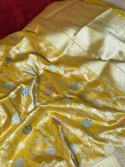 Yellow Katan Silk Saree with floral closeup view 01