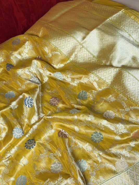 Yellow Katan Silk Saree with floral closeup view 01