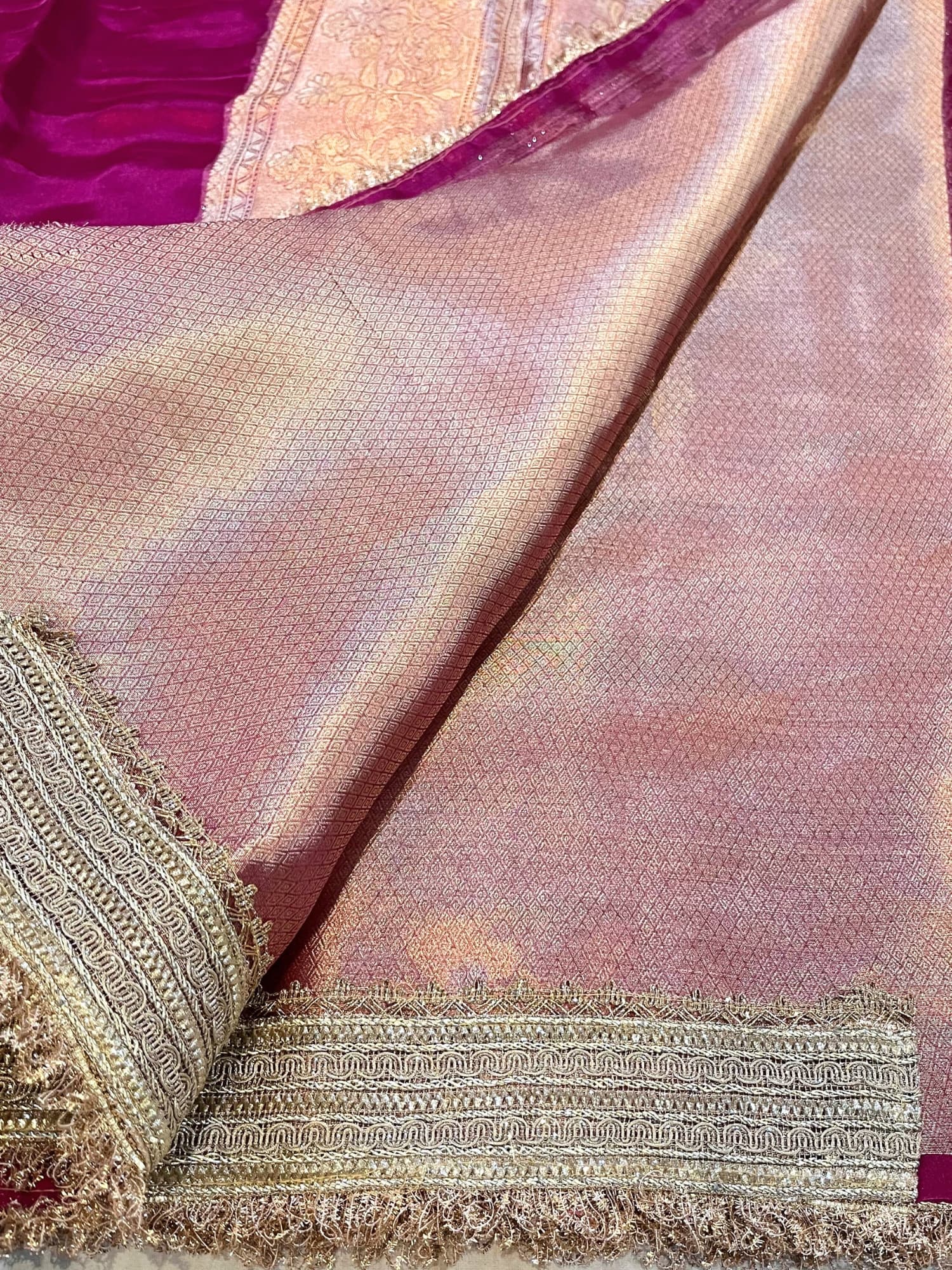 Wine Pure Banarasi Tissue Silk Saree with mirror jaal embroidery, scattered butis, and unstitched brocade blouse – handwoven in Banaras.