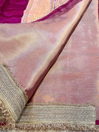 Wine Pure Banarasi Tissue Silk Saree with mirror jaal embroidery, scattered butis, and unstitched brocade blouse – handwoven in Banaras.