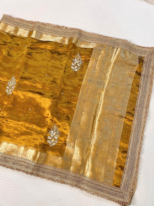 Hand Embroidered Mehndi Green Banarasi Tissue Silk Saree with flower buta, gota patti border, brocade aachal, and unstitched blouse piece