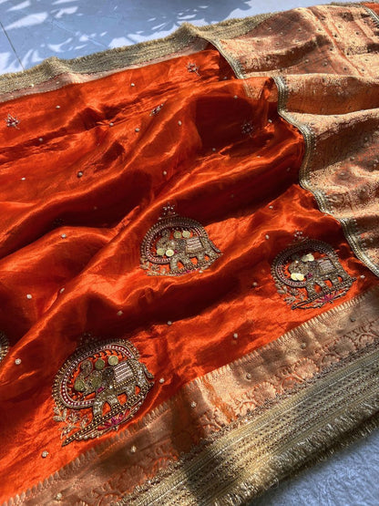 Orange tissue silk saree - Coin Gaj