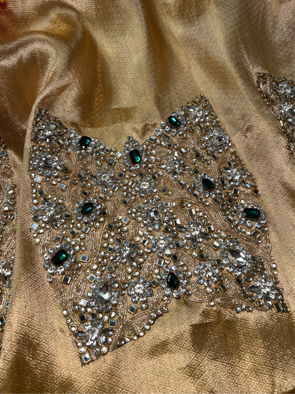 Golden Pure Banarasi Unstitched Brocade Tissue Silk Blouse Panna Maharani Jadau Closeup view01