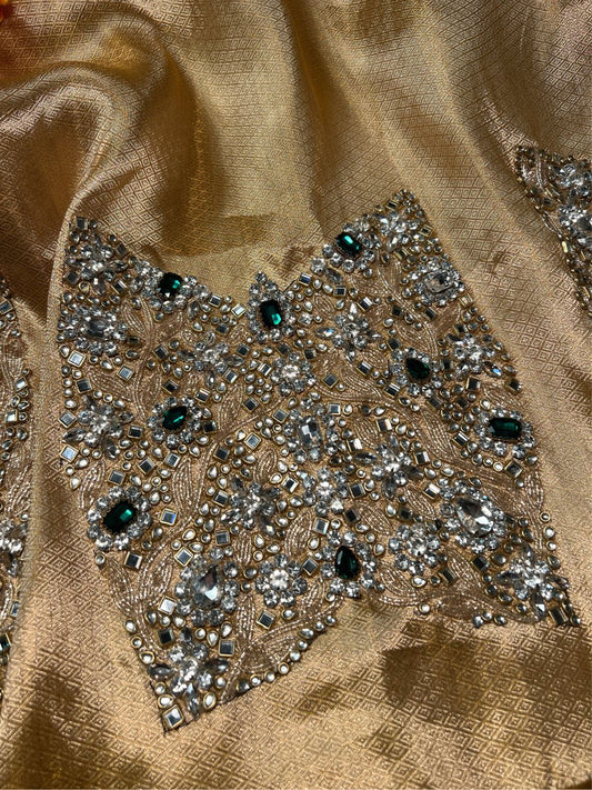 Golden Pure Banarasi Unstitched Brocade Tissue Silk Blouse Panna Maharani Jadau Closeup view01