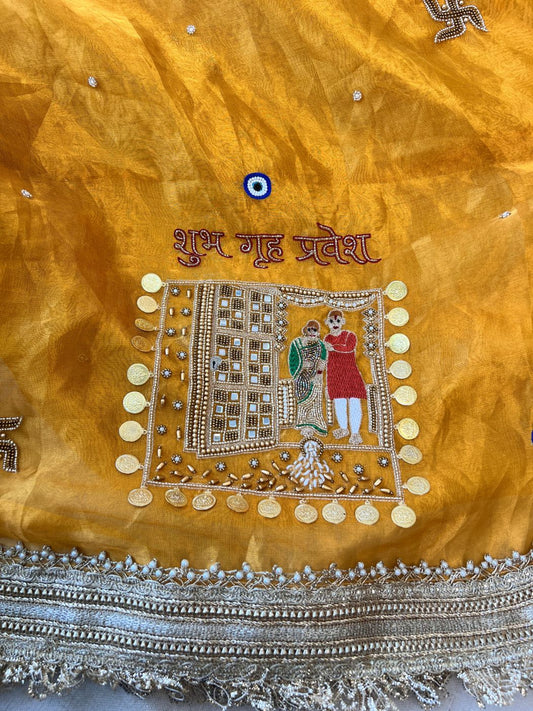 Mustard Yellow Tissue Silk Saree Mangalam Closeup View
