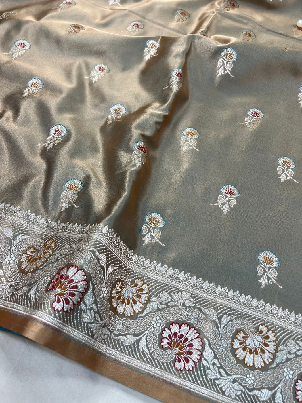 Grey Katan Silk Saree Closeup View