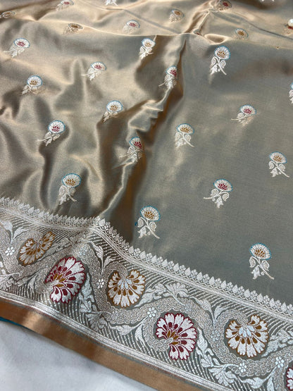 Grey Katan Silk Saree Closeup View