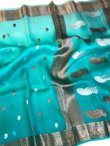  Aqua Blue Kora Silk Saree Full view