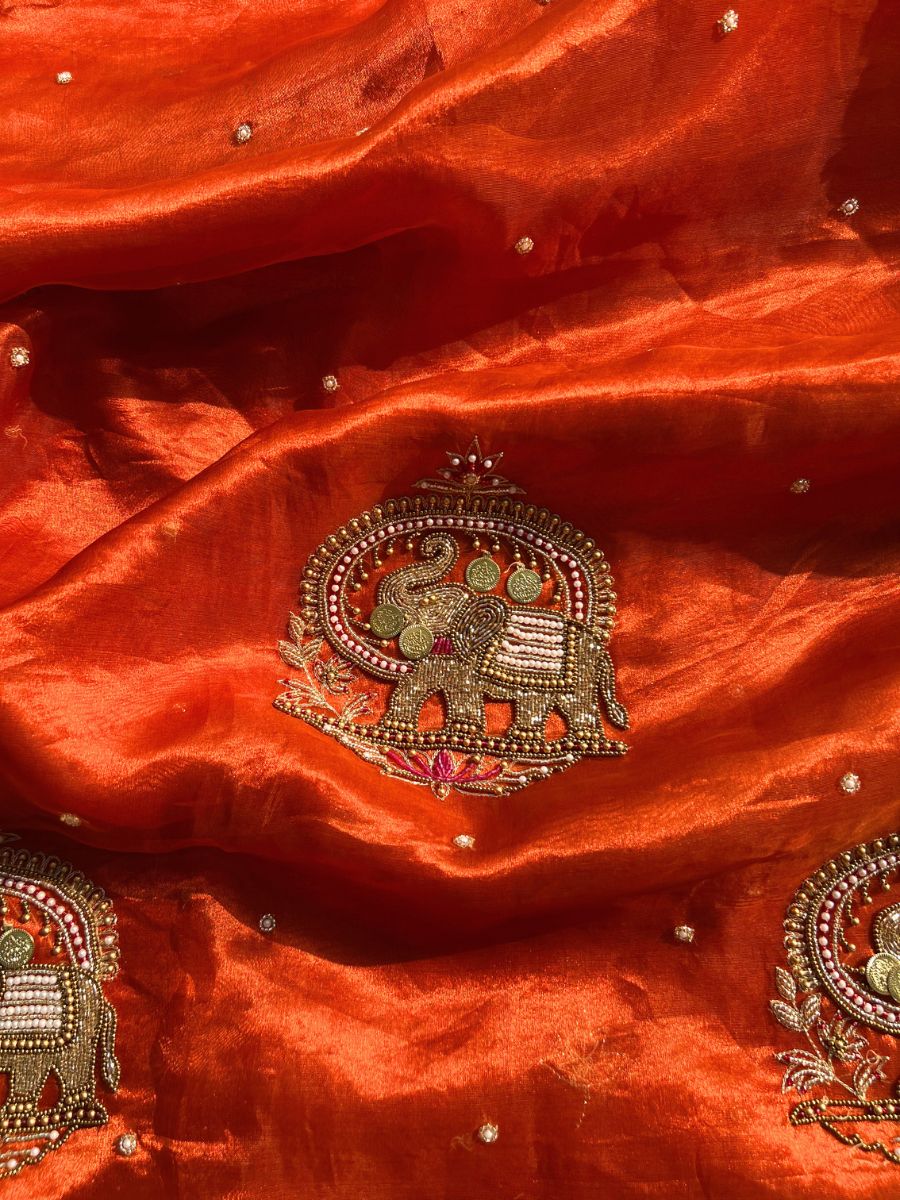 Orange tissue silk saree - Coin Gaj