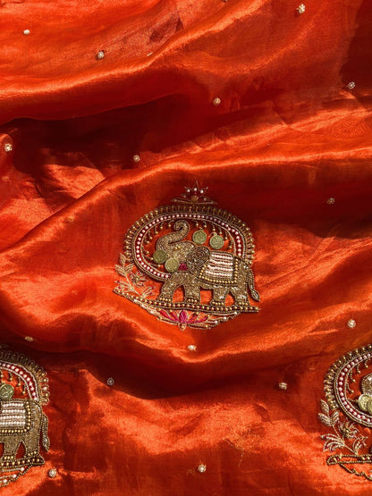 Orange tissue silk saree - Coin Gaj